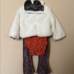 White Faux Fur Jacket with Orange Leopard Onesie and Gray Pants Set